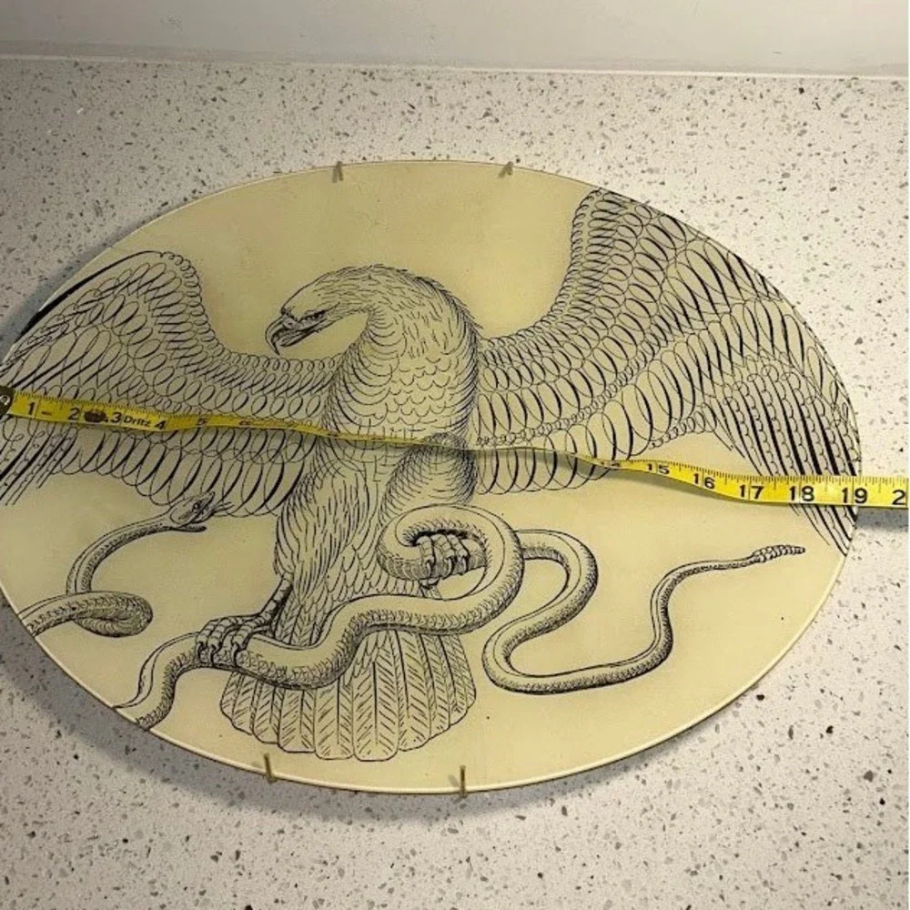 John Derian Large Oval Decoupage Glass Platter Eagle and Snake Vintage 19in